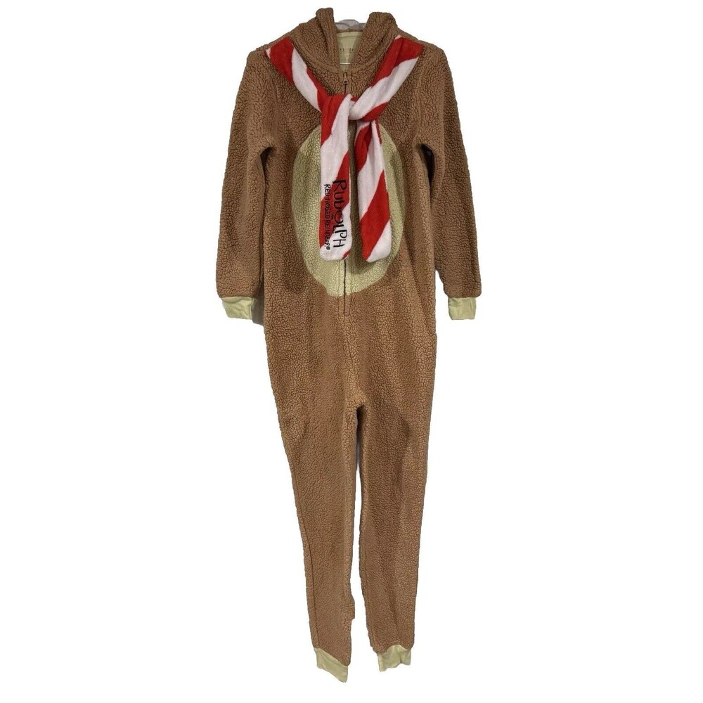 Rudolph Reindeer 1 Piece Chrismas Jumpsuit Hoodie Long Sleeve Pajamas Sz Small